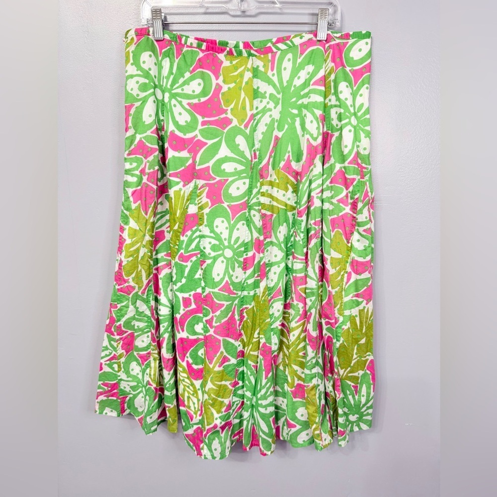 100% Cotton Ruby Rd. Vibrant Green and Pink Floral A-Line Skirt